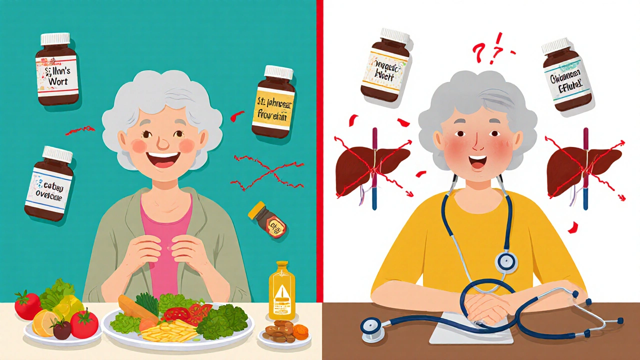 Elderly woman divided into healthy and sick versions, surrounded by dangerous supplement labels.