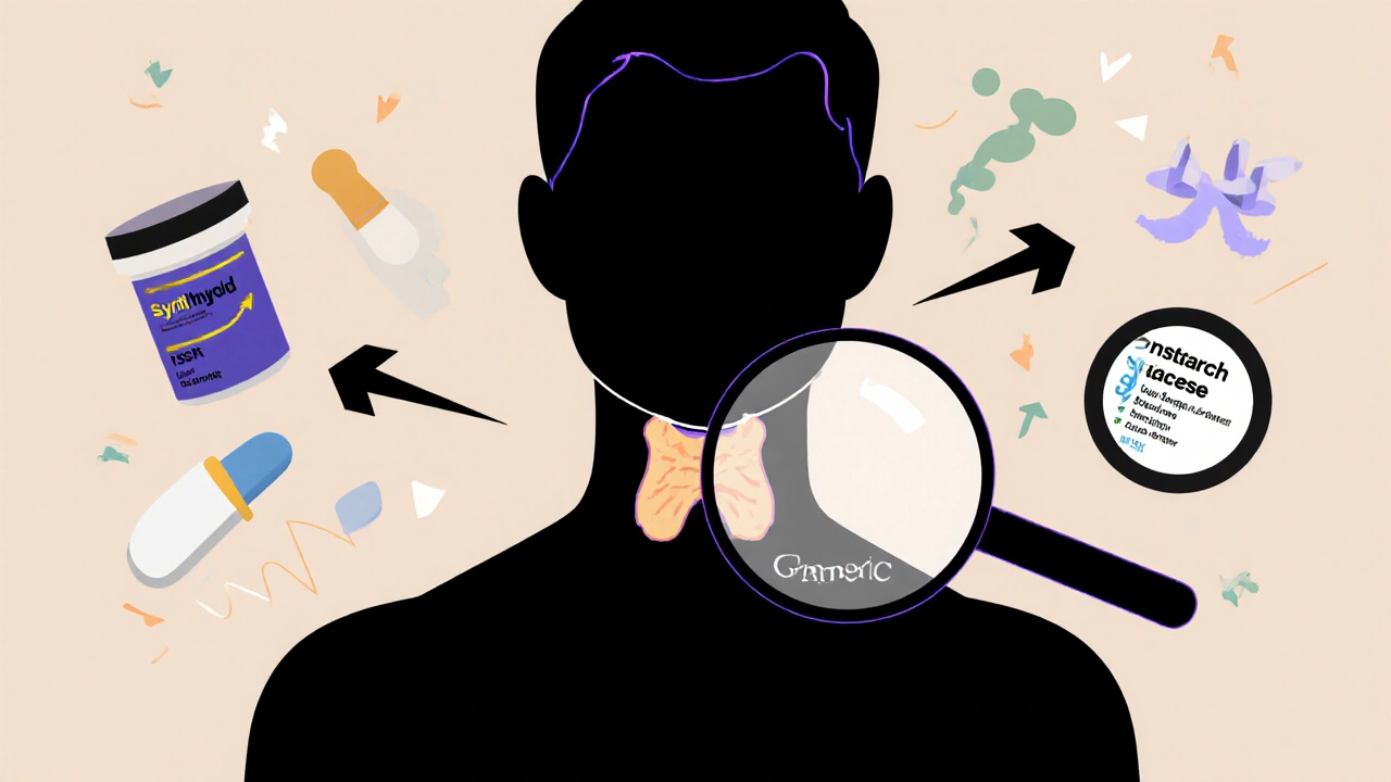 Human body with thyroid gland affected by fluctuating levels from different generic pills.
