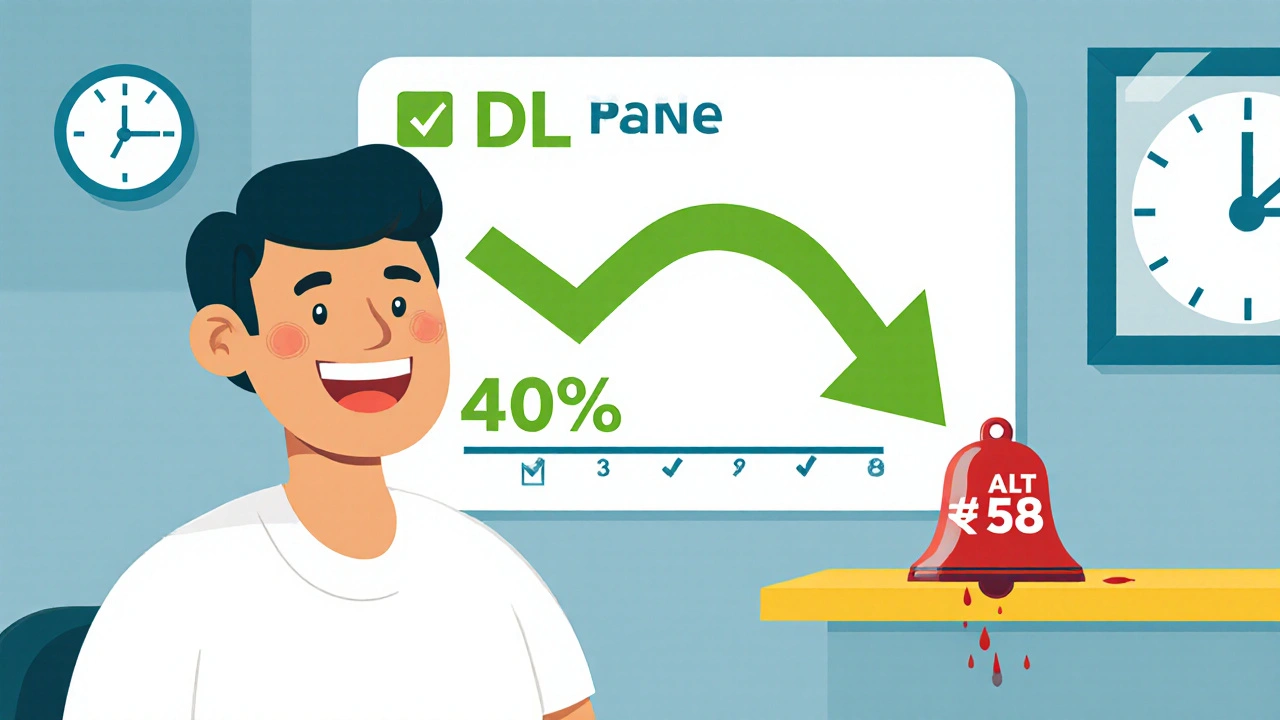 Lipid panel showing LDL dropping 40% while a minor liver enzyme alert fades away.