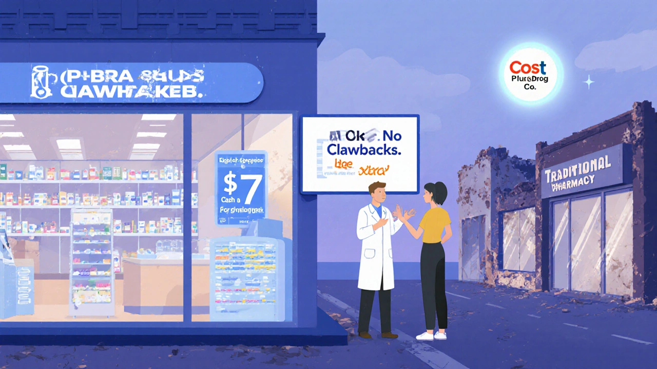 Modern pharmacy with transparent pricing and pharmacist providing patient care, no PBMs.