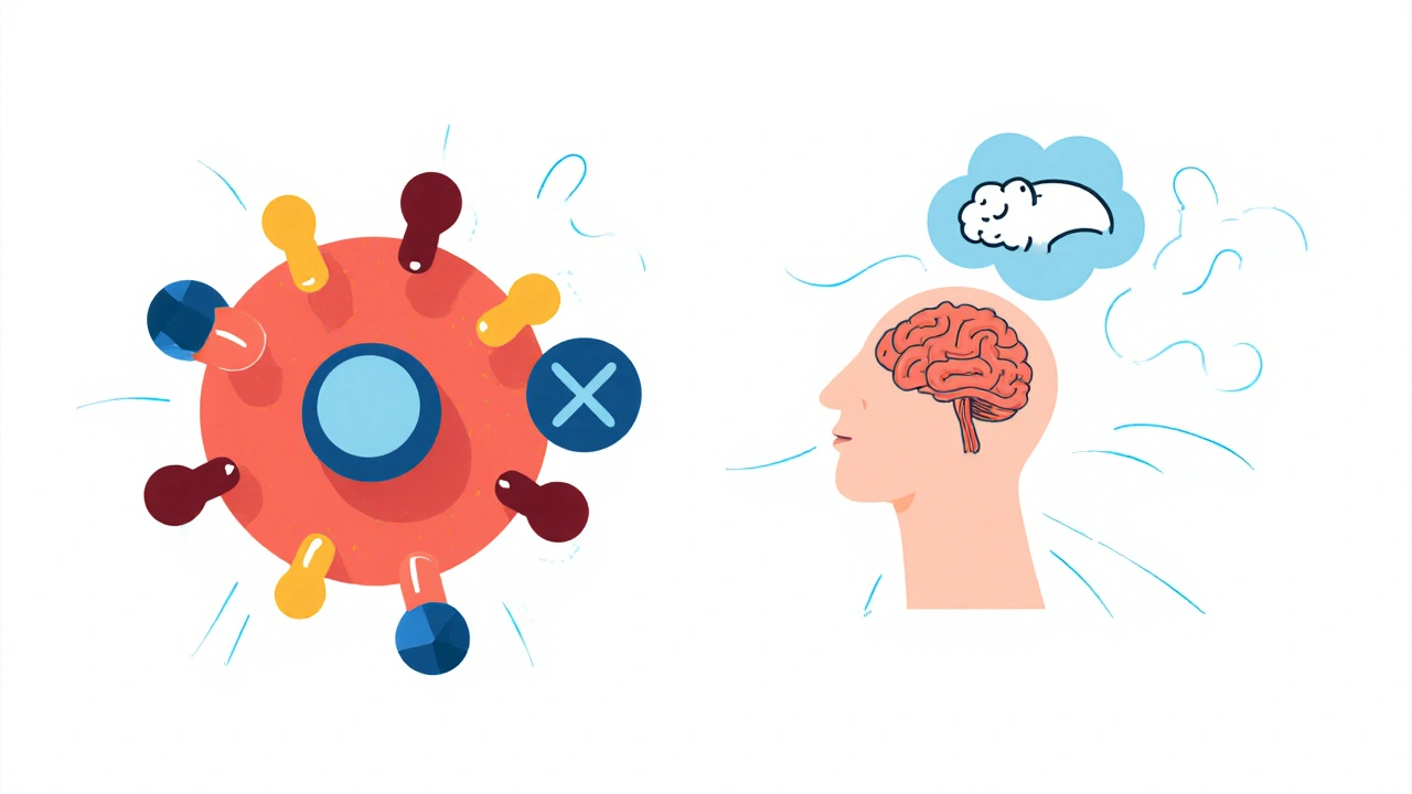 Molecular comparison: second-gen antihistamine blocks allergy receptors, first-gen causes brain drowsiness