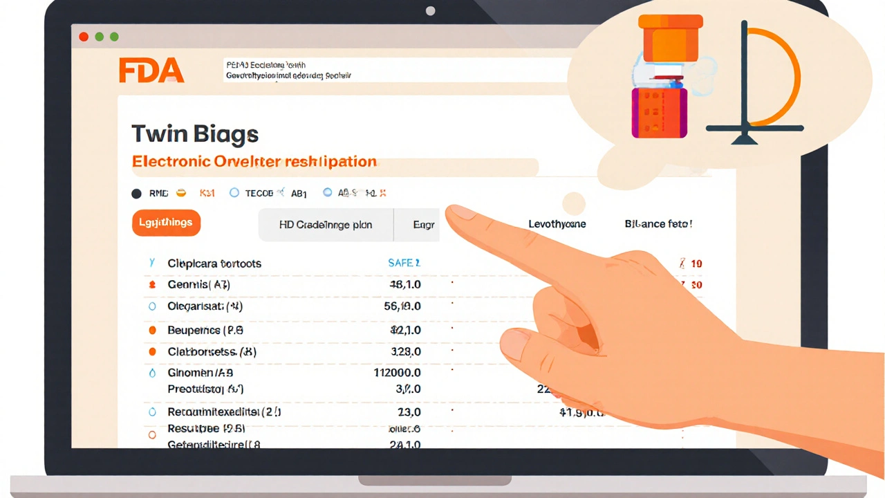 Patient reviewing FDA Orange Book search results for levothyroxine on a laptop, showing AB1 and AB2 ratings.