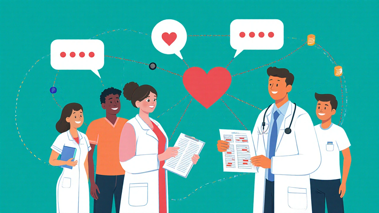 Patient sharing medication list with care team, connected by speech bubbles showing coordinated communication.