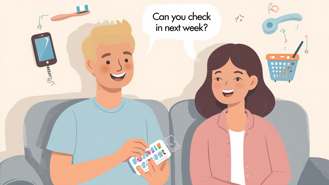 Person and friend talking calmly with pill organizer and daily anchor icons in background