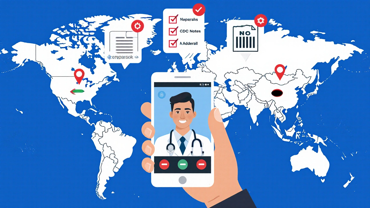 Person on video call with doctor while standing before a world map marked with countries that restrict medications.