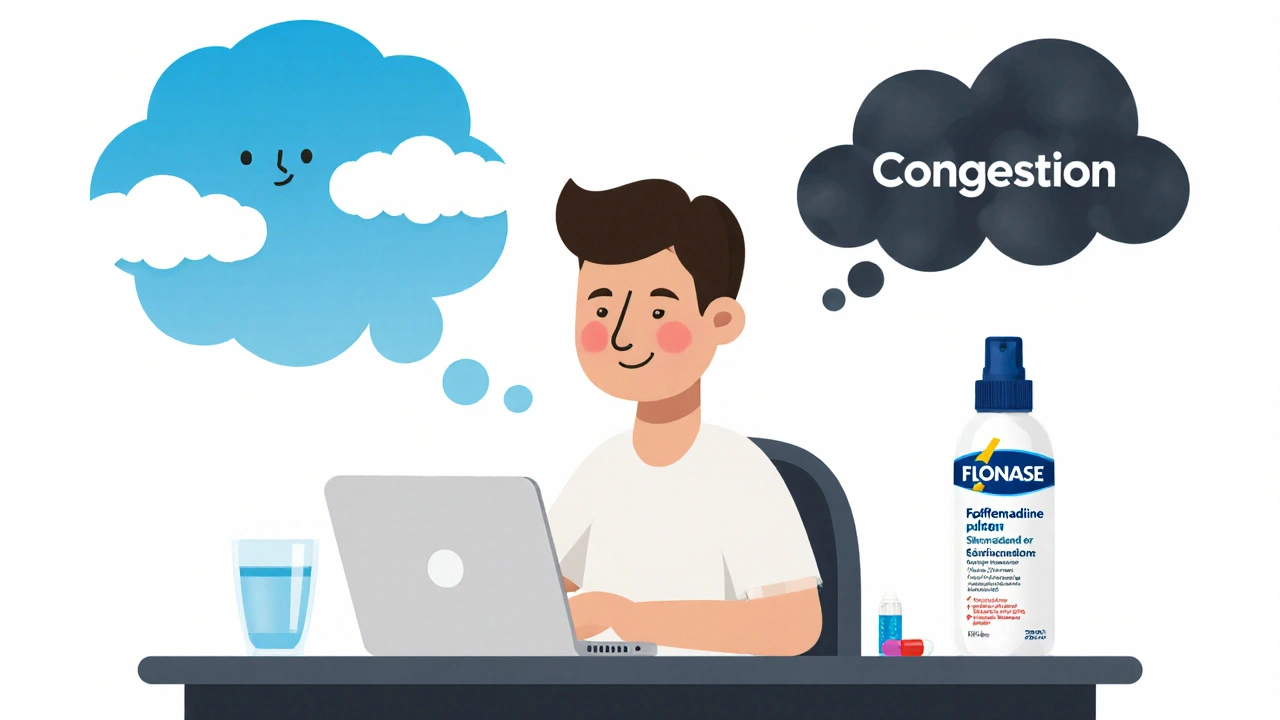 Person working at desk with fexofenadine pill, clear thought bubble, nasal congestion cloud above head