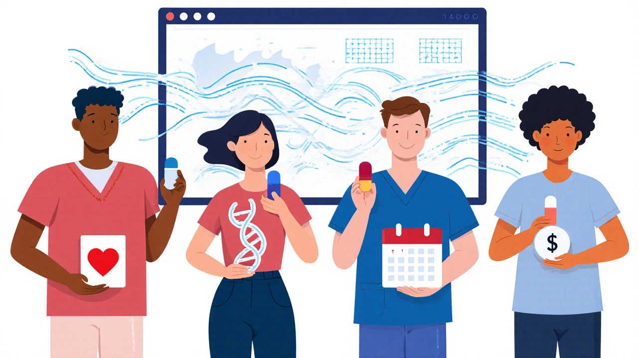 Personalized pills representing individual patient traits with flowing real-world data in the background.