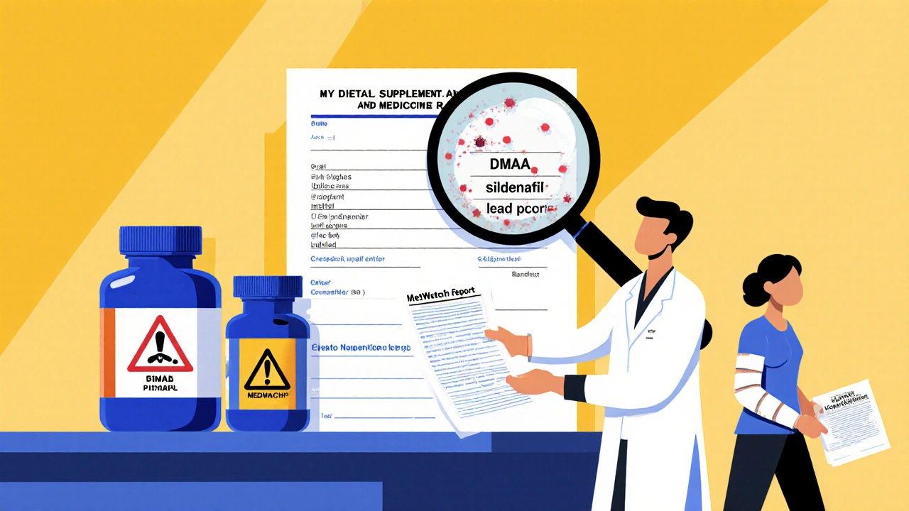 Pharmacist giving a supplement record form while a magnifying glass reveals hidden toxins in a bottle.