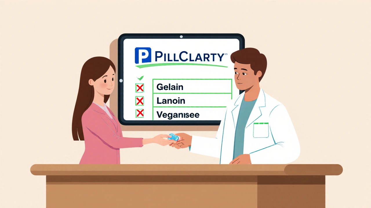 Pharmacist giving a vegan-friendly tablet with a digital checklist showing approved ingredients.
