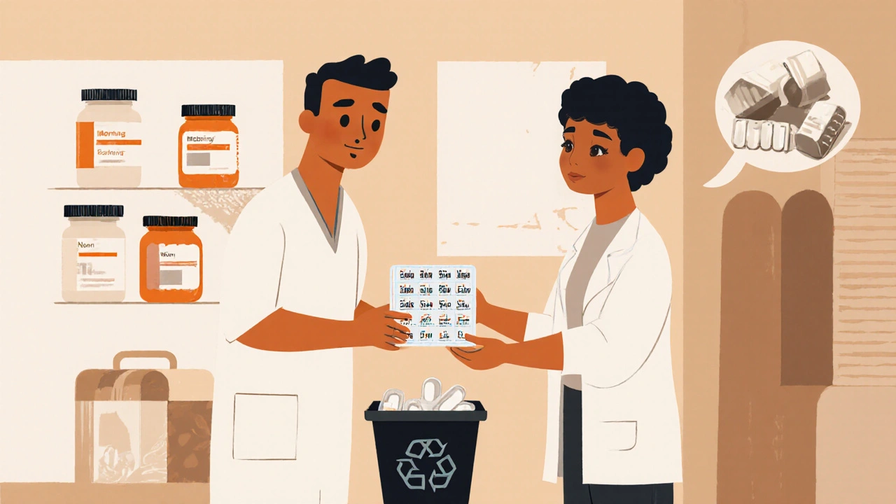 Pharmacist giving patient a simplified blister pack while discarding multiple bottles.