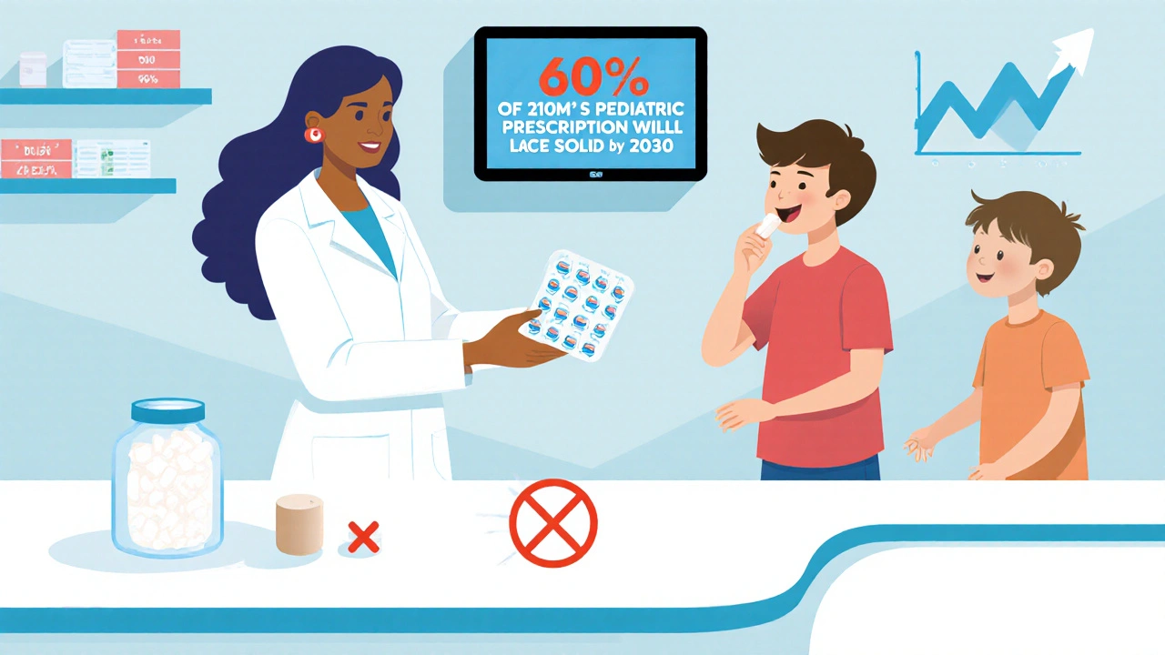 Pharmacist handing mini-tablets to parent, child swallowing one with a smile.