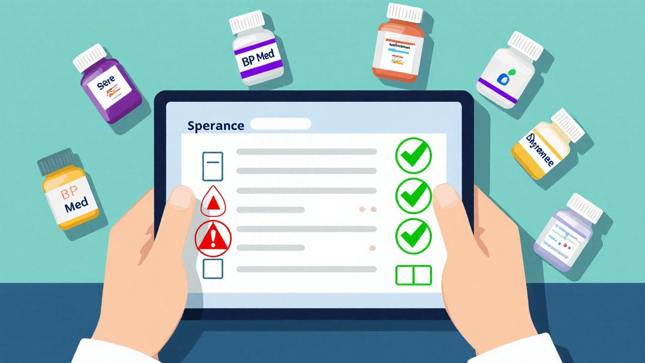 Pharmacist reviewing medication list on tablet with warning symbols for dangerous drug interactions.