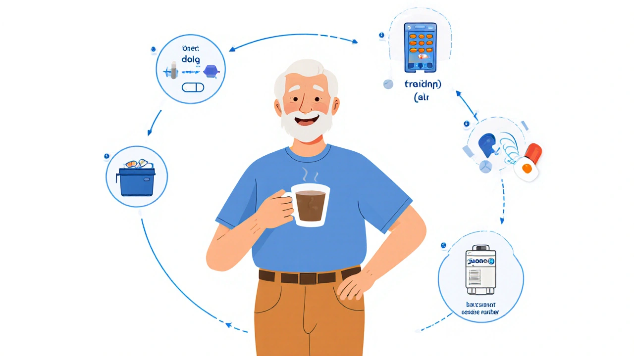 Senior taking one pill with coffee, surrounded by icons of simplified medication systems.