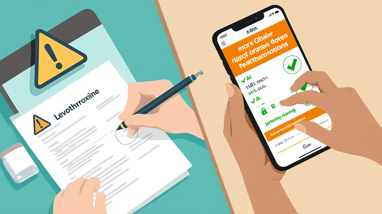 Split scene: doctor prescribing levothyroxine vs. patient checking FDA Orange Book on phone with AB rating confirmed.