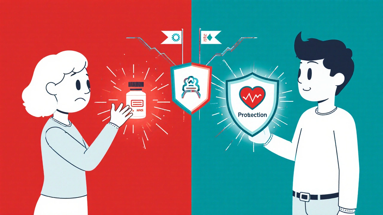 Split scene: one person stopping statins in fear, another continuing with heart protection shield.