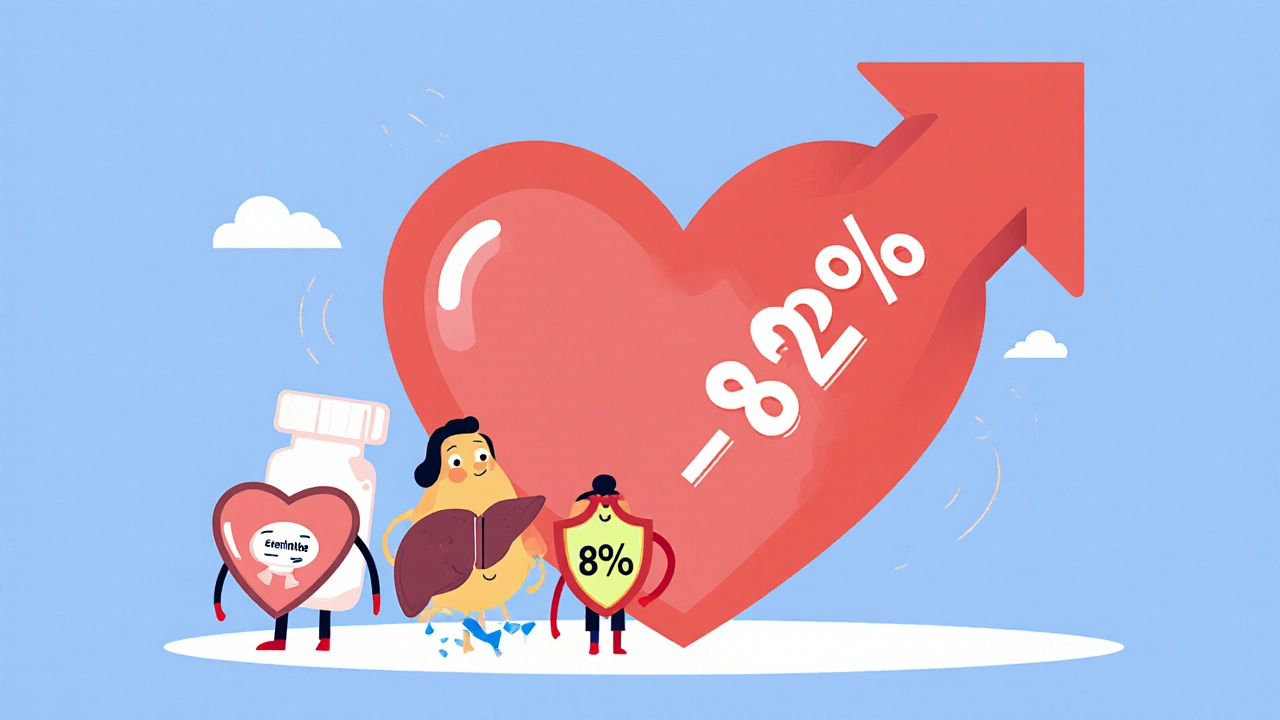 Three cholesterol medications as friendly characters protecting a heart, with rising success rate arrow.