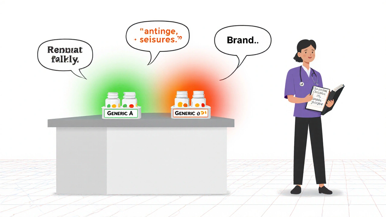 Three generic pills with different absorption effects at a pharmacy counter, patient holding symptom journal.