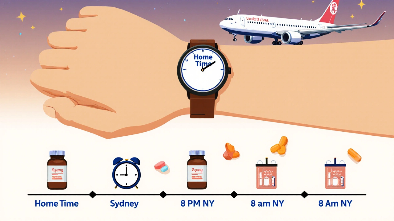 Traveler adjusting watch between time zones with pill bottles and alarms showing medication schedule shift over three days.
