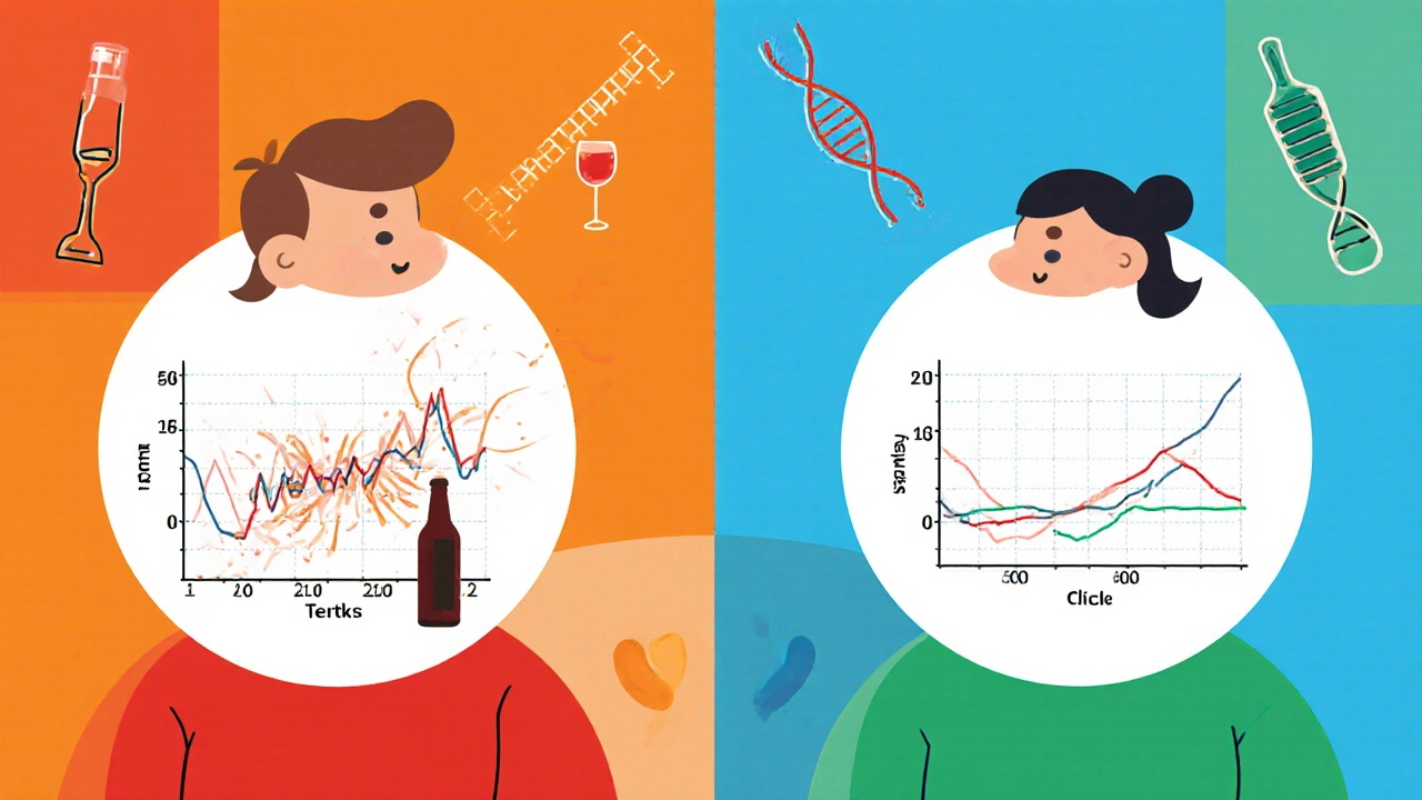 Two figures side by side: one with spiking INR graph from alcohol, one with stable line on newer blood thinner.