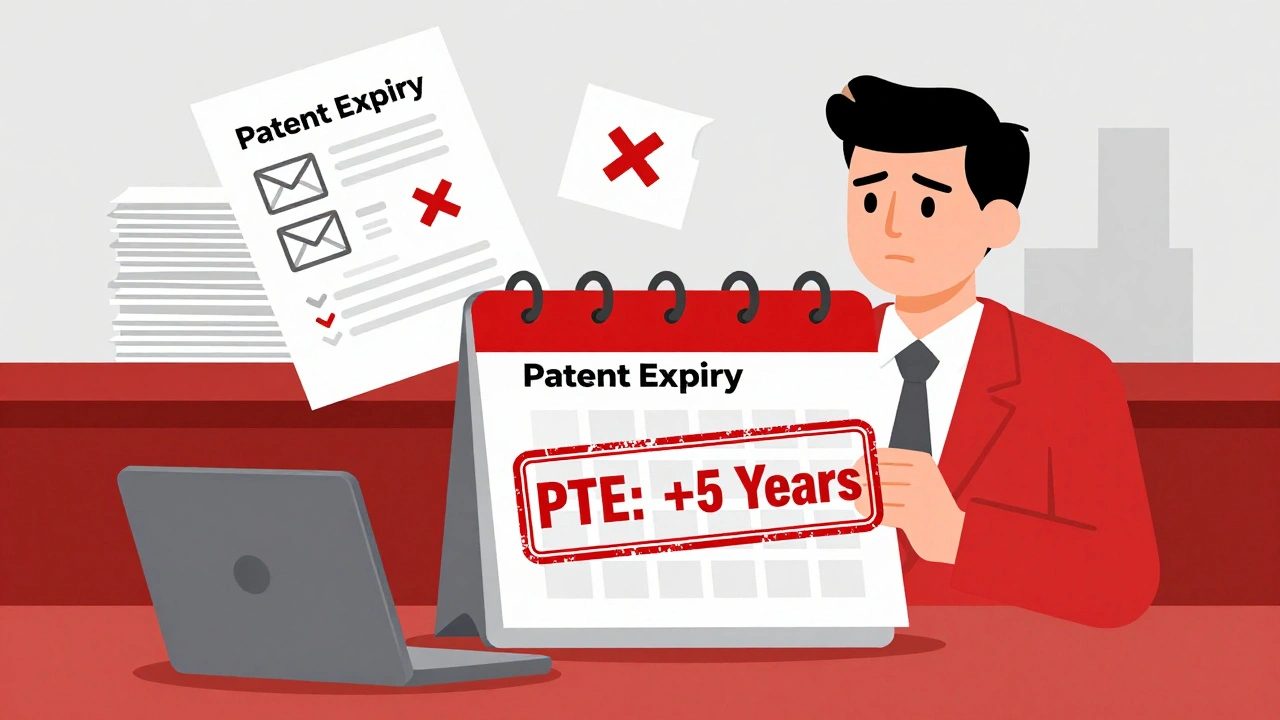 A generic drug calendar blocked by an FDA PTE stamp, with failed documentation falling apart.