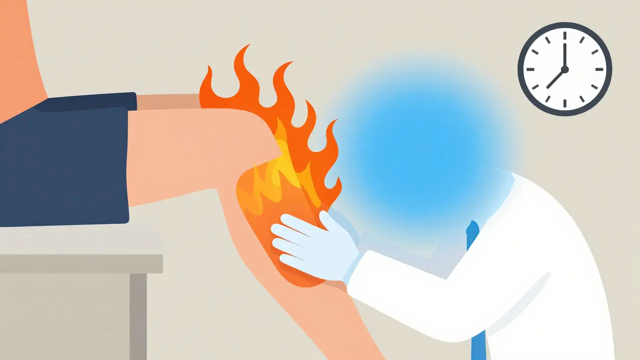 A healthcare provider applying a capsaicin patch, with fiery burn transforming into calming relief.