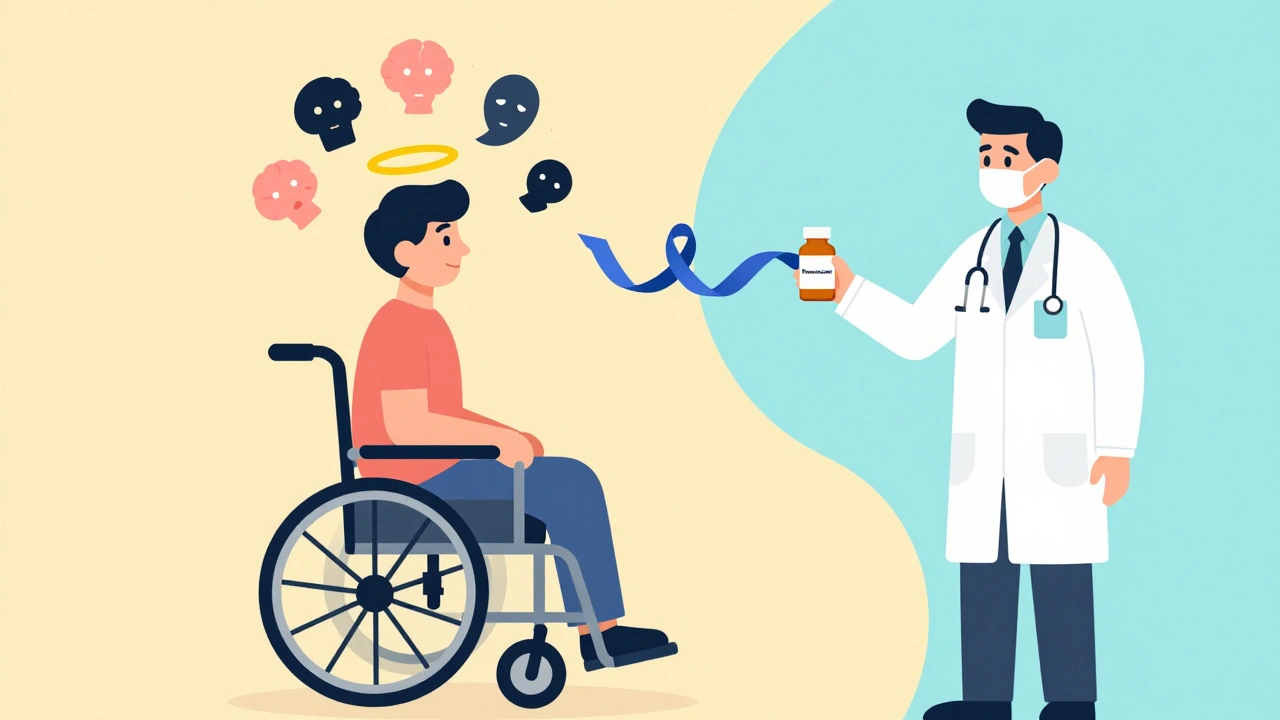 A patient experiencing hallucinations with a doctor offering pimavanserin, avoiding dopamine pathways.