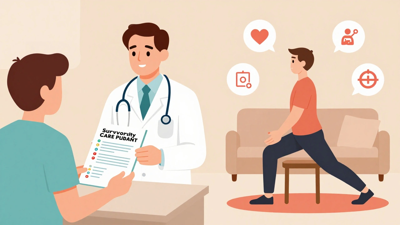 A patient sharing a care plan with a doctor, while also doing gentle exercise at home.