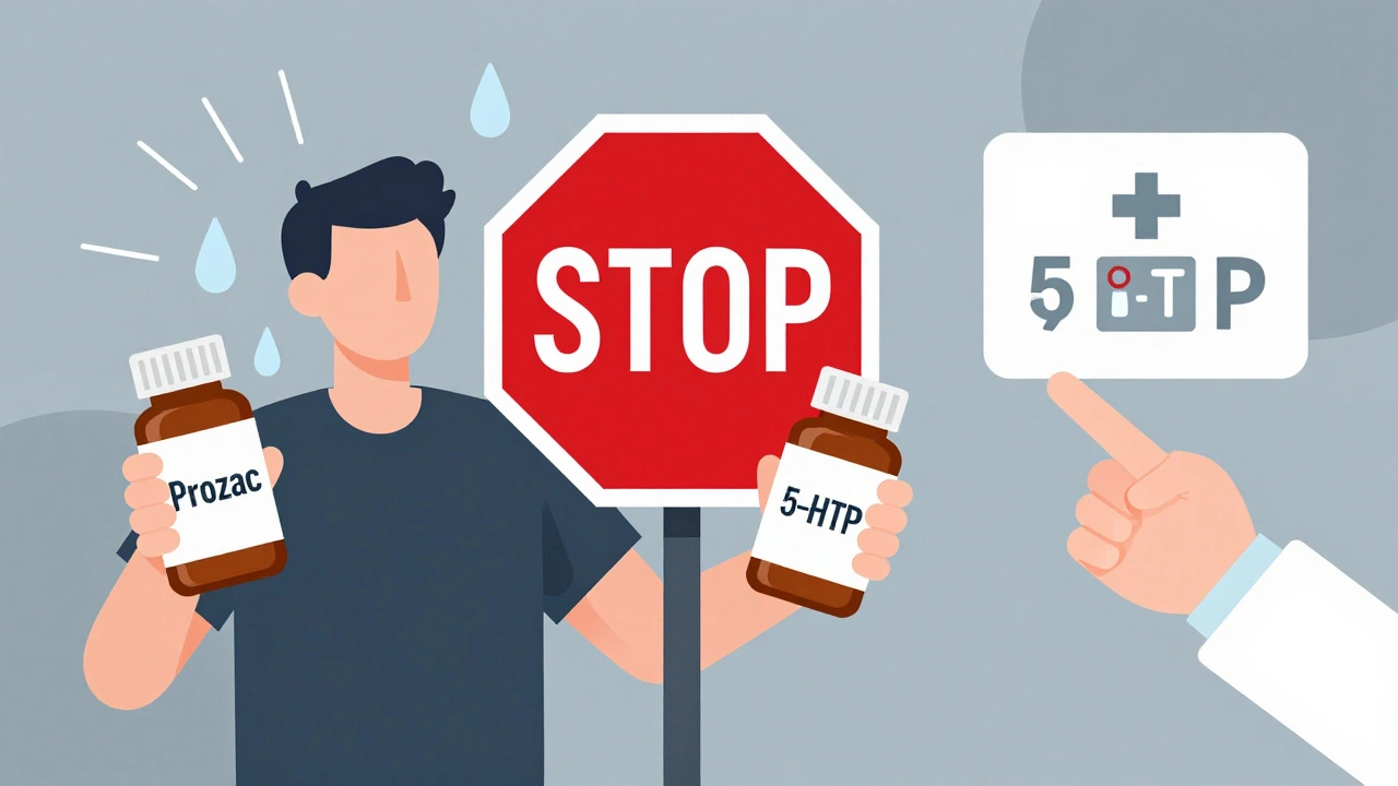 A person caught between SSRI and 5-HTP bottles, with a stop sign and tremors signaling danger.