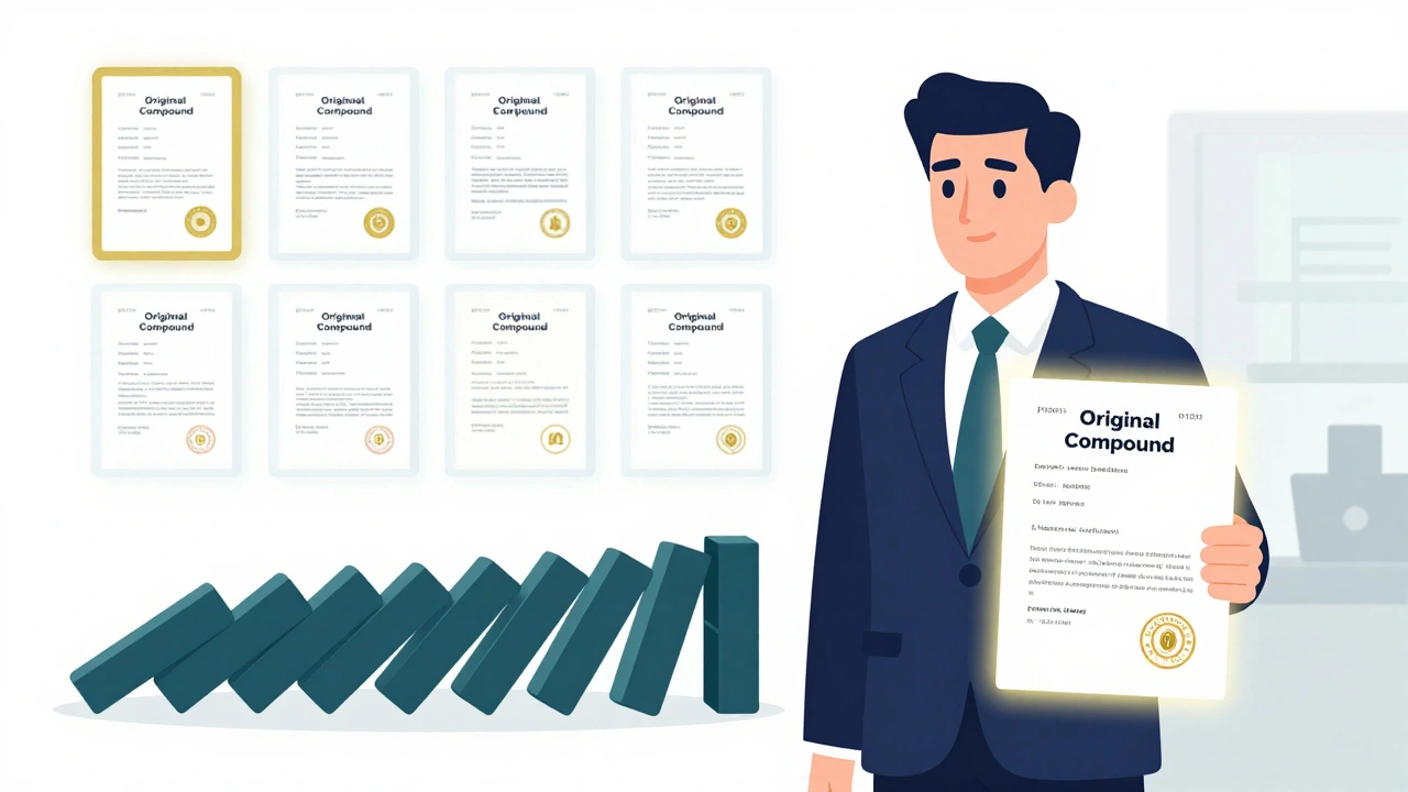 A pharmaceutical patent with multiple secondary patents stacked behind it, one glowing as extended.