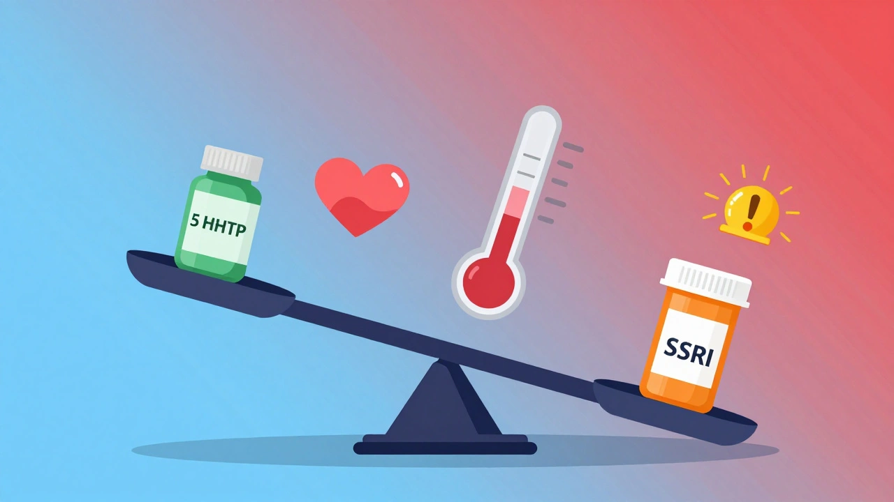A scale tipping under SSRI and 5-HTP bottles, triggering medical warning icons like rising heat and racing heart.
