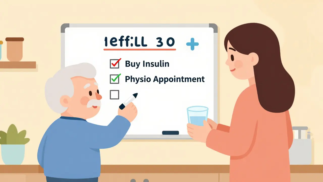 A senior and caregiver update a printed medication schedule on a kitchen whiteboard.
