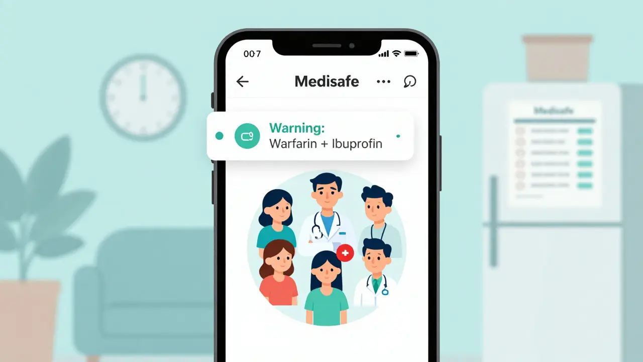 A smartphone shows a medication app alerting a dangerous drug interaction with care team members.