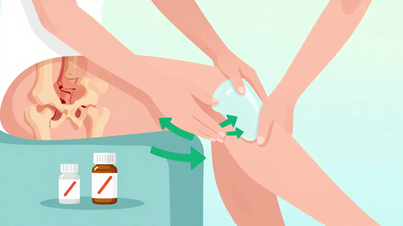 A woman rubbing NSAID gel on her knee, showing shallow skin penetration and no effect on deep hip joint.