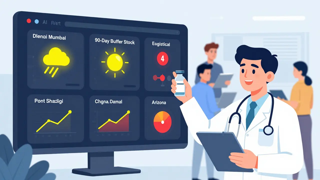 AI-powered supply chain dashboard alerting disruptions while a healthcare worker accesses buffer stock, with collaborative teams in background.
