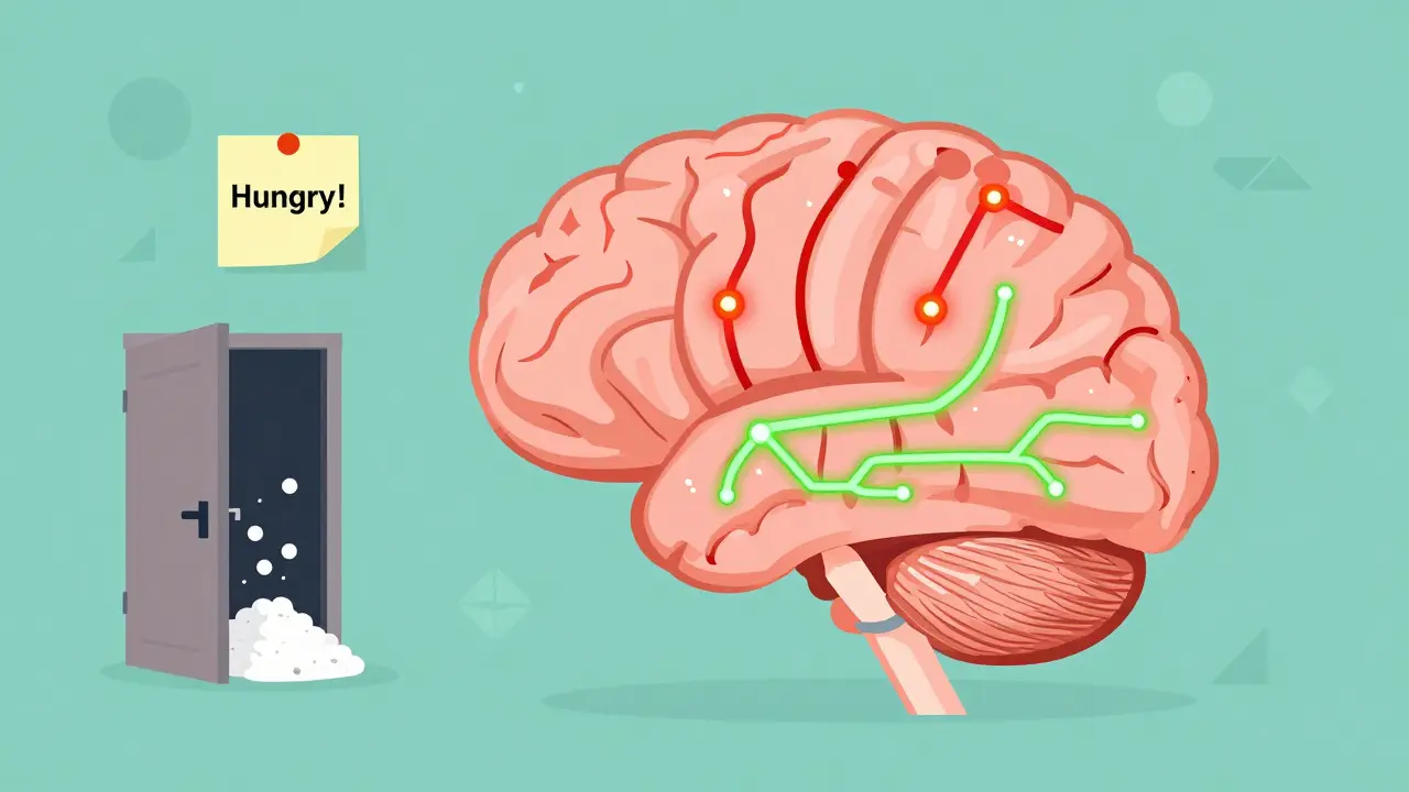 Brain illustration showing serotonin, histamine, and dopamine pathways affecting appetite and metabolism.
