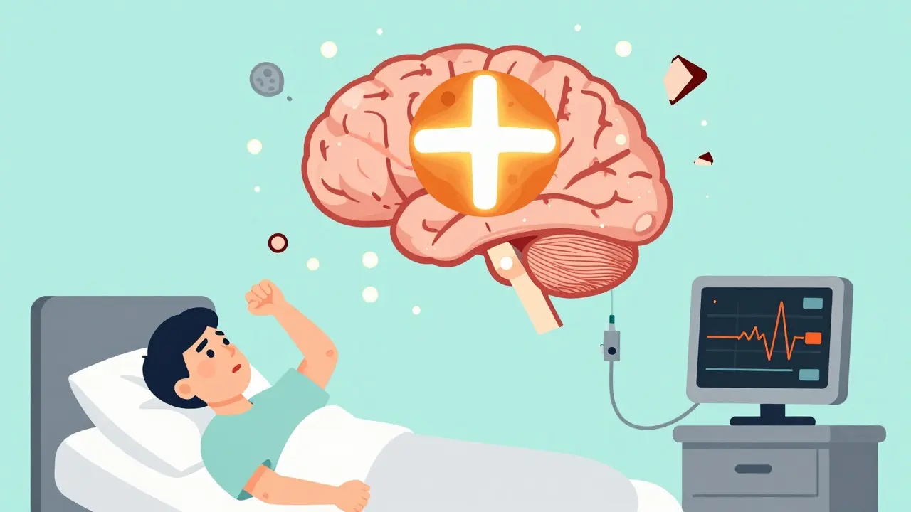 Brainstem with hot cross bun pattern, leaking nerve cells, and sleep and blood pressure icons in flat cartoon style.