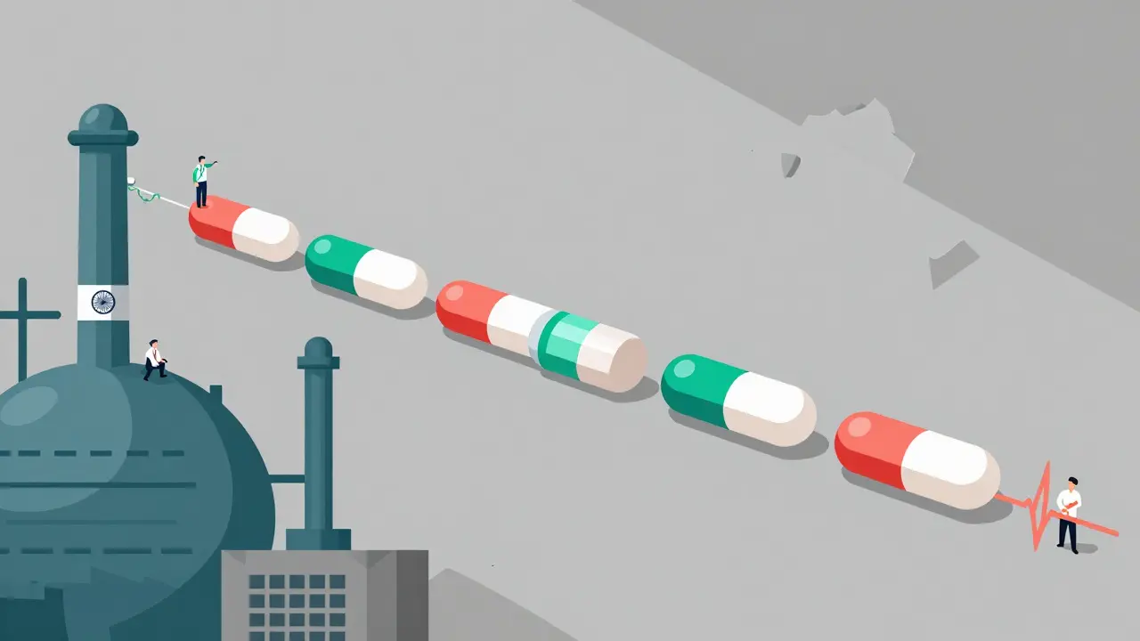 Chain of pills from overseas factory to U.S. pharmacy with fading FDA oversight and weak patient heartbeat.