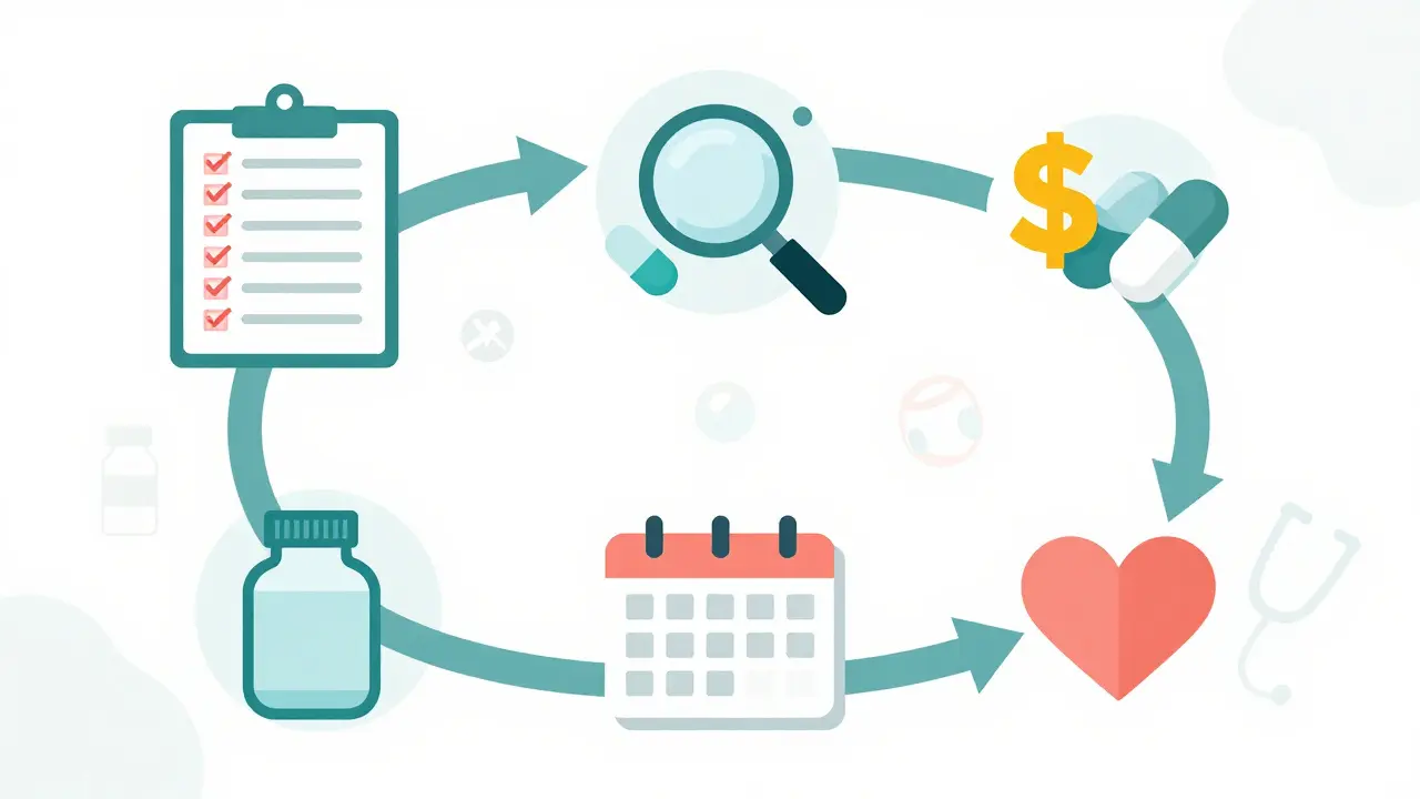 Circular flowchart showing the five steps of medication therapy management with icons and soft colors.