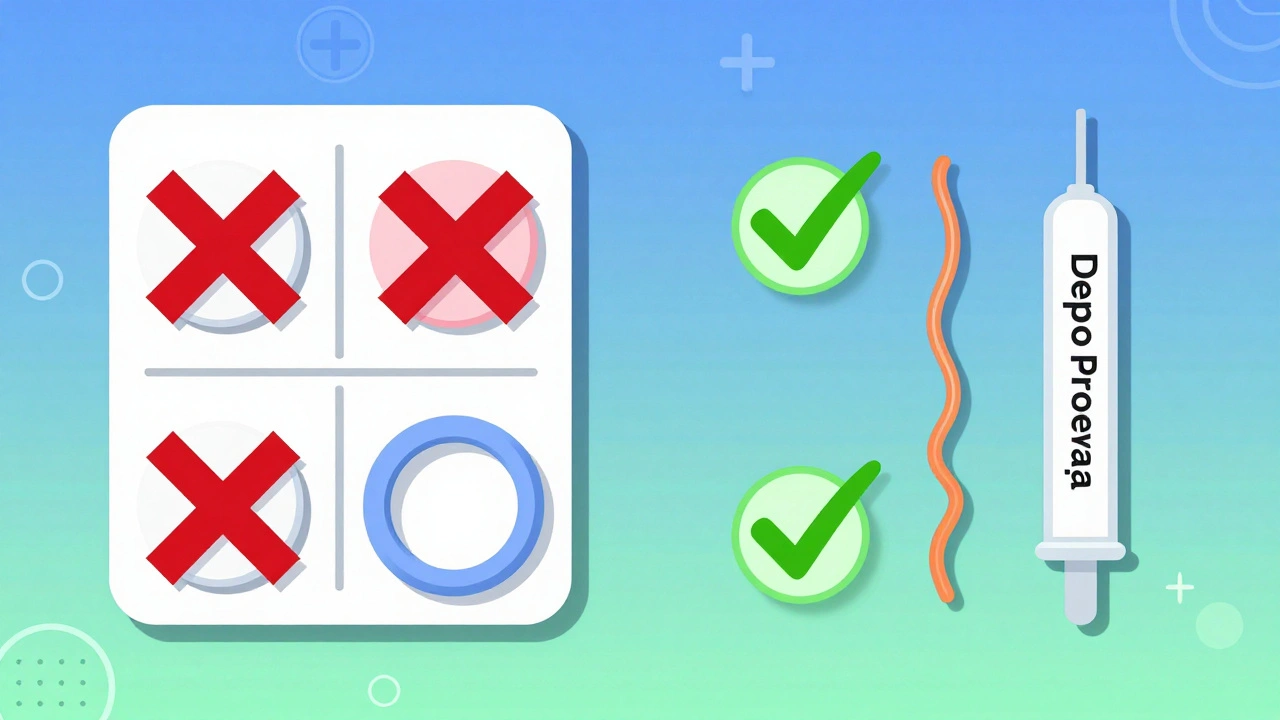 Contrasting unsafe hormonal birth control methods with safe IUD and shot options.