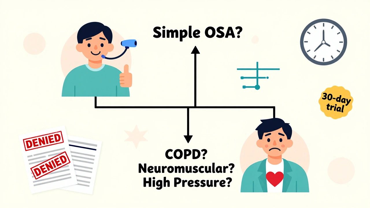 Decision tree showing when to choose CPAP or BiPAP for sleep apnea, with medical and insurance icons.