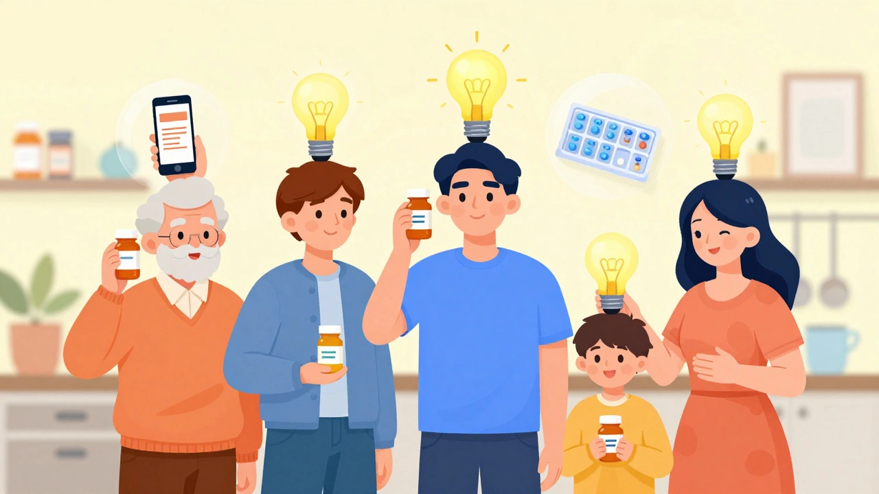Diverse people holding medicine bottles with lightbulbs above heads, symbolizing understanding and safe medication use.