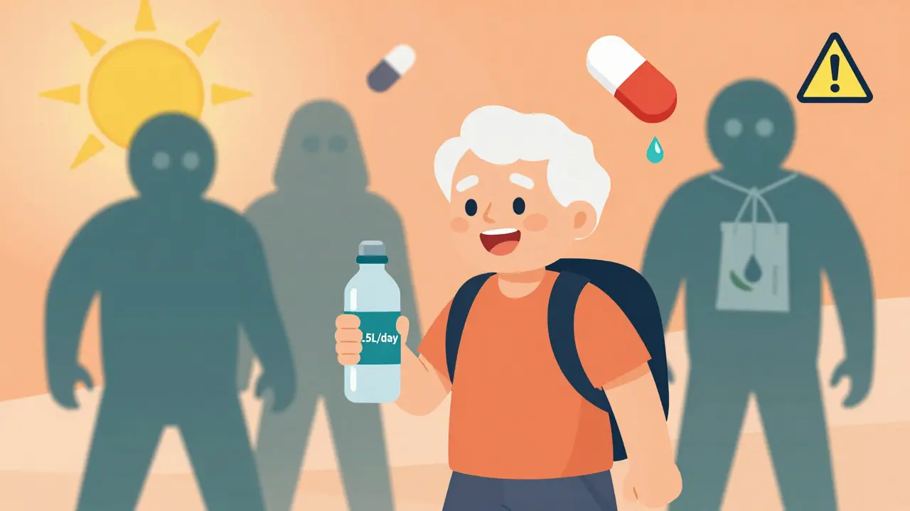 Elderly hiker with water bottle, surrounded by shadowy threats of medications and herbal teas that raise lithium risk.