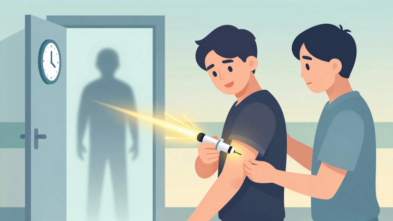 Epinephrine injector being used on thigh with golden pulse of life radiating out, clock showing critical time passing.