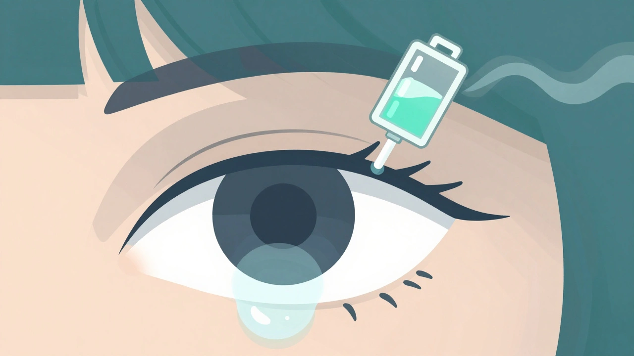 Eye with a small plug in the corner, tears pooling, a metallic taste icon fading into night.