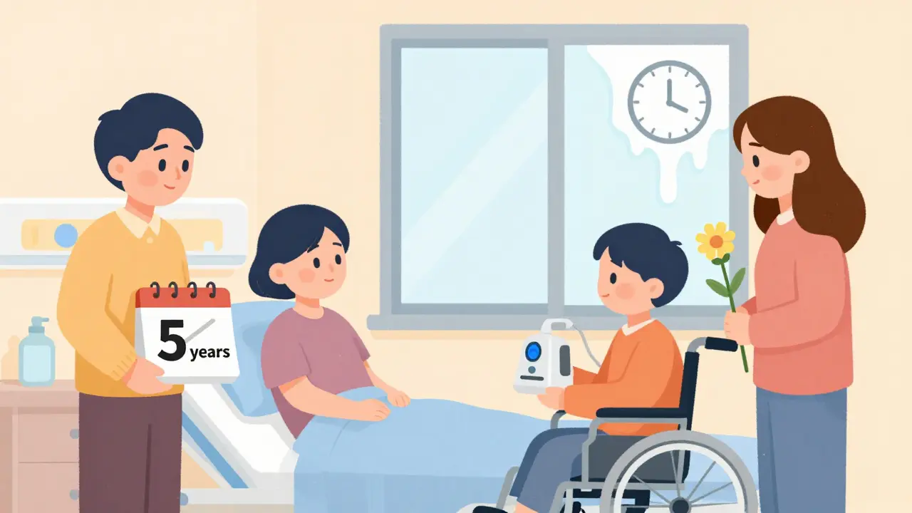 Family beside a hospital bed with symbols of time, mobility loss, and comfort, in soft pastel tones.