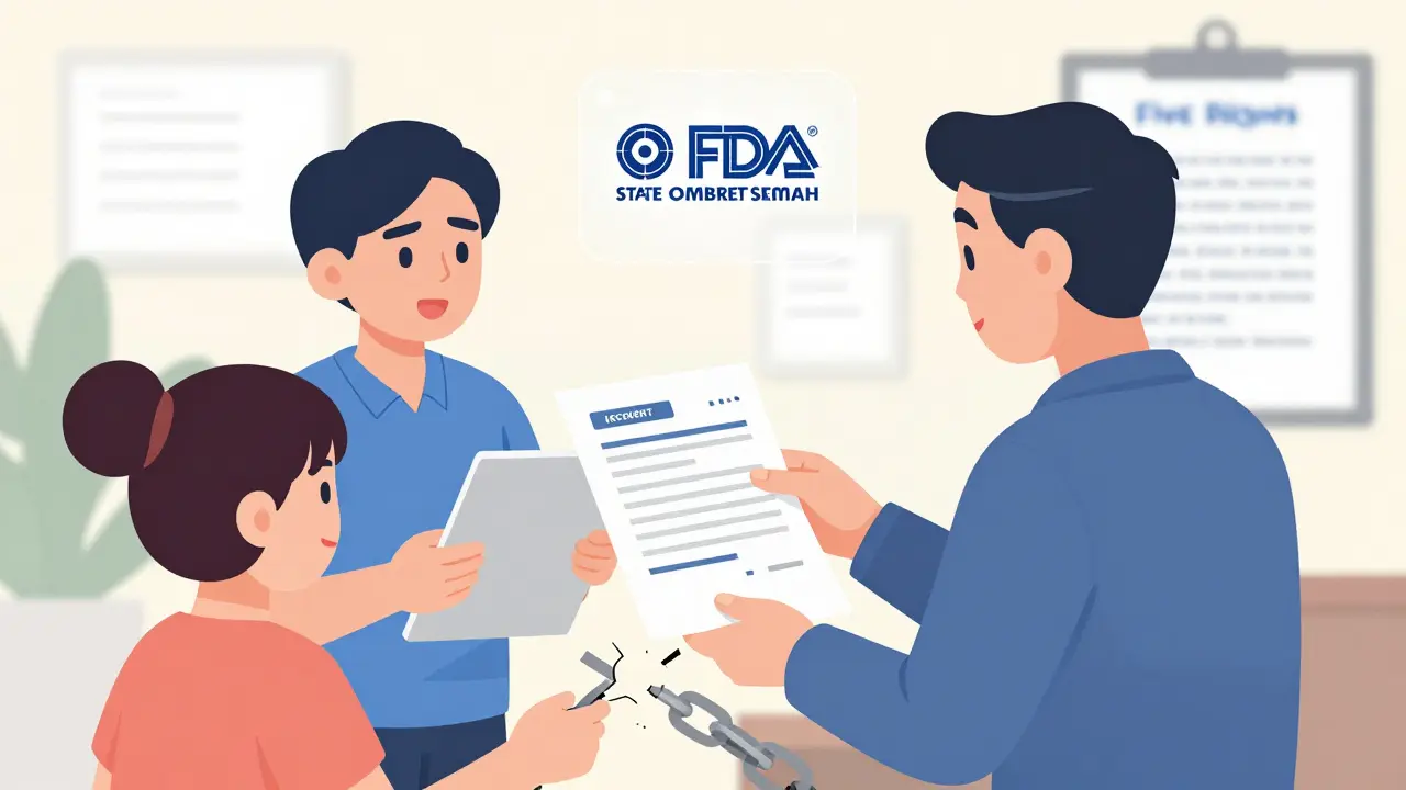 Family member reporting error to administrator, with legal and safety support icons nearby.