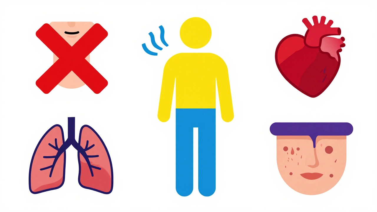 Four flat icons representing ABCD symptoms of anaphylaxis: airway, breathing, circulation, and skin reaction.