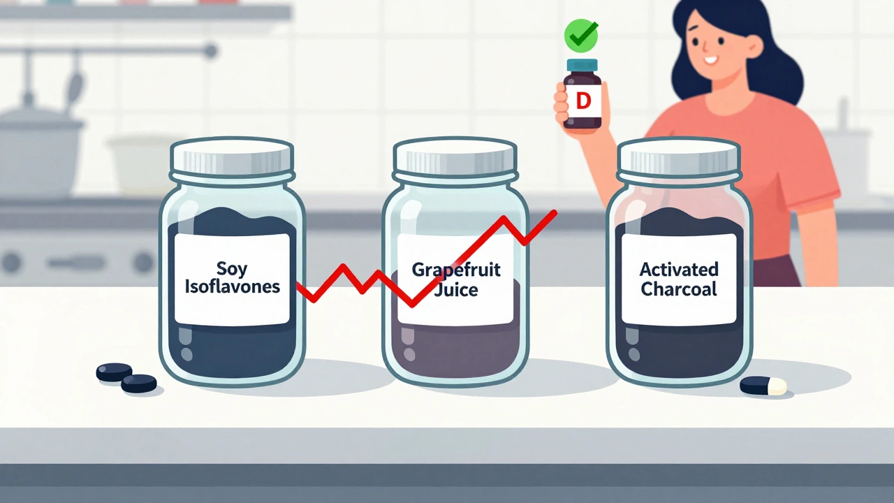 Kitchen counter with herbal supplements casting disruptive shadows over a birth control pill, with one safe vitamin nearby.