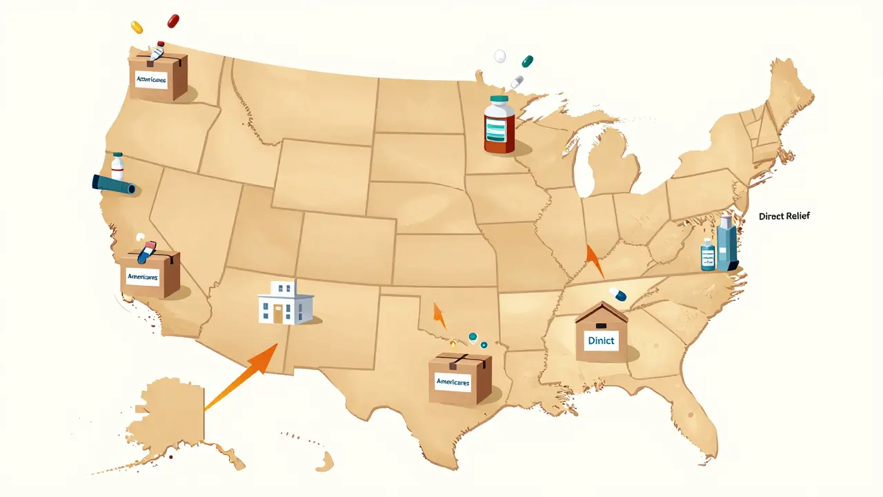 Map of the U.S. showing clinics connected to medicine donation sources.