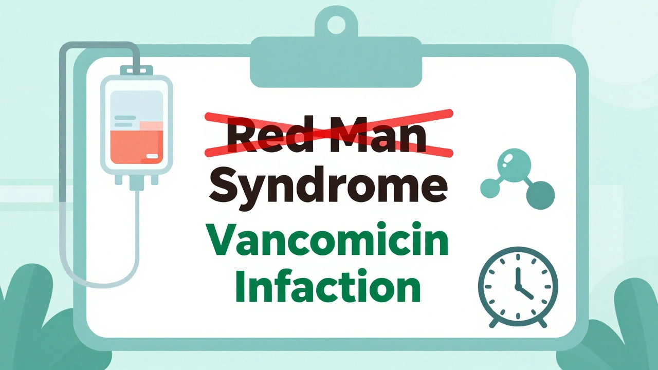 Medical chart replacing outdated term &#039;Red Man Syndrome&#039; with &#039;Vancomycin Infusion Reaction&#039;.